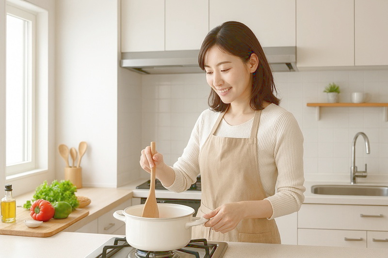 キッチンで料理する女性