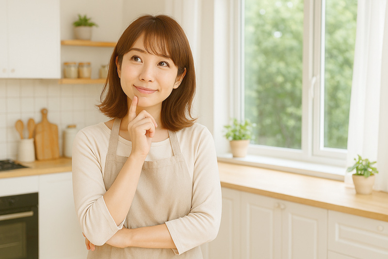 キッチンで考え事をしている女性